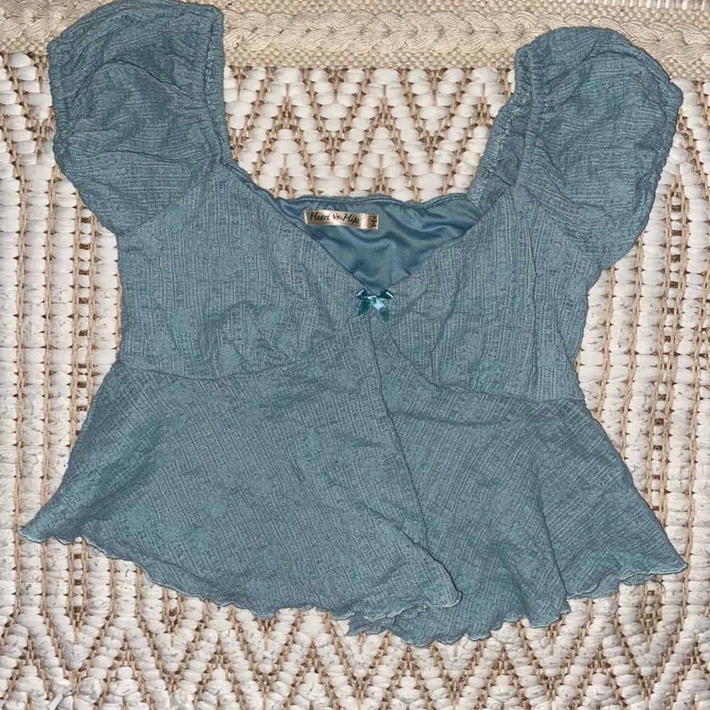 Heart Hips Blue Ruffled Peplum Blouse Cap Sleeve